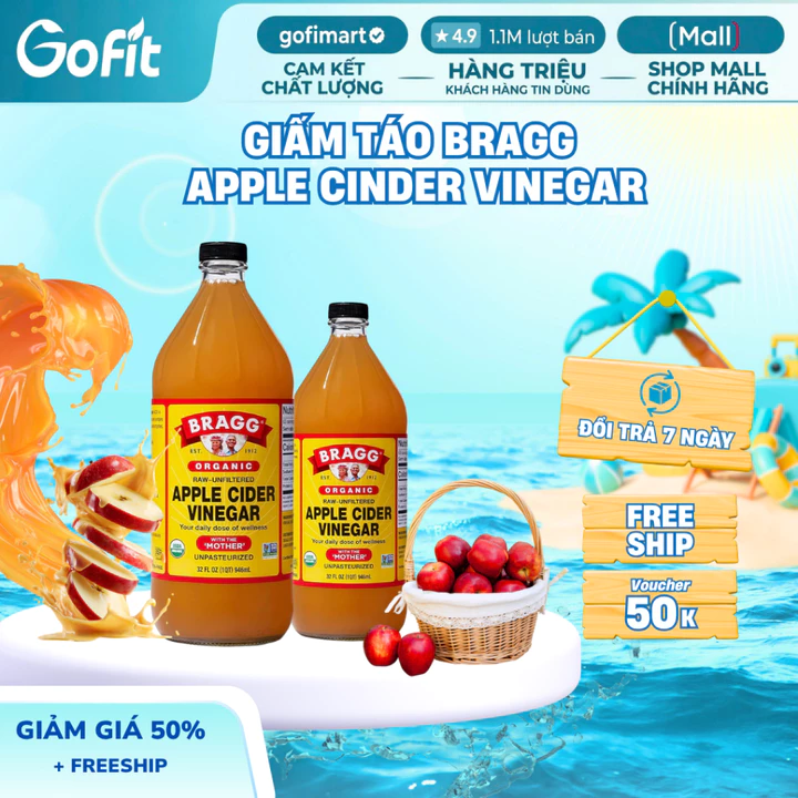 Giấm Táo Hữu Cơ Bragg Organic Mỹ 473ml, 946ml – Có Giấm Cái Hỗ Trợ Giảm Cân, Detox Cơ Thể – 2