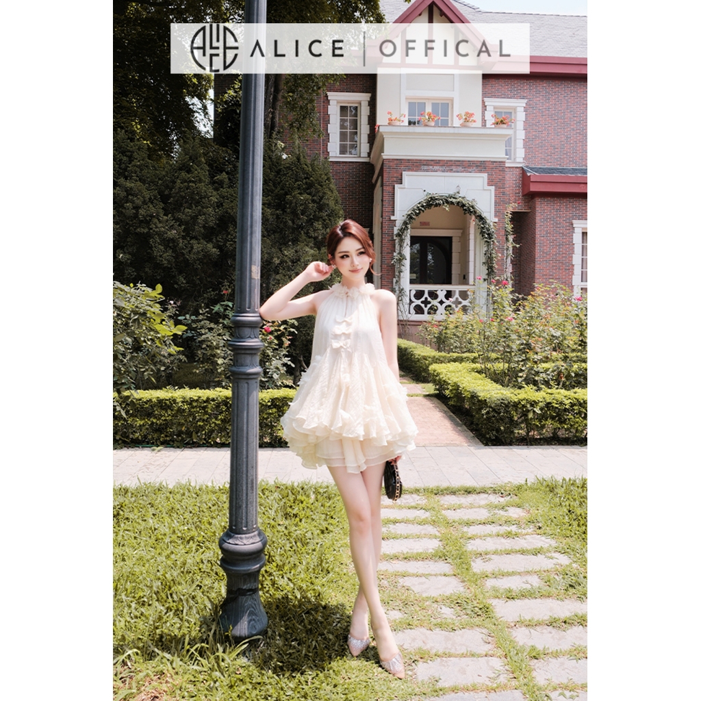 Váy Tiểu Thư Alice Chất Tơ Mềm, Áo Yếm Xếp Tầng Xòe Bồng Nữ Tính Phối Quần Đùi Tơ Dáng Ngắn S1090