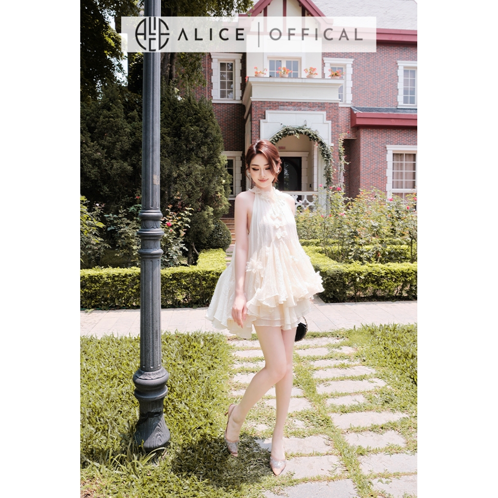 Váy Tiểu Thư Alice Chất Tơ Mềm, Áo Yếm Xếp Tầng Xòe Bồng Nữ Tính Phối Quần Đùi Tơ Dáng Ngắn S1090