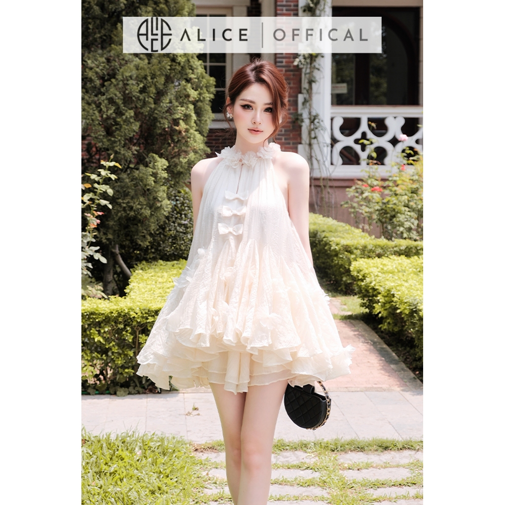 Váy Tiểu Thư Alice Chất Tơ Mềm, Áo Yếm Xếp Tầng Xòe Bồng Nữ Tính Phối Quần Đùi Tơ Dáng Ngắn S1090