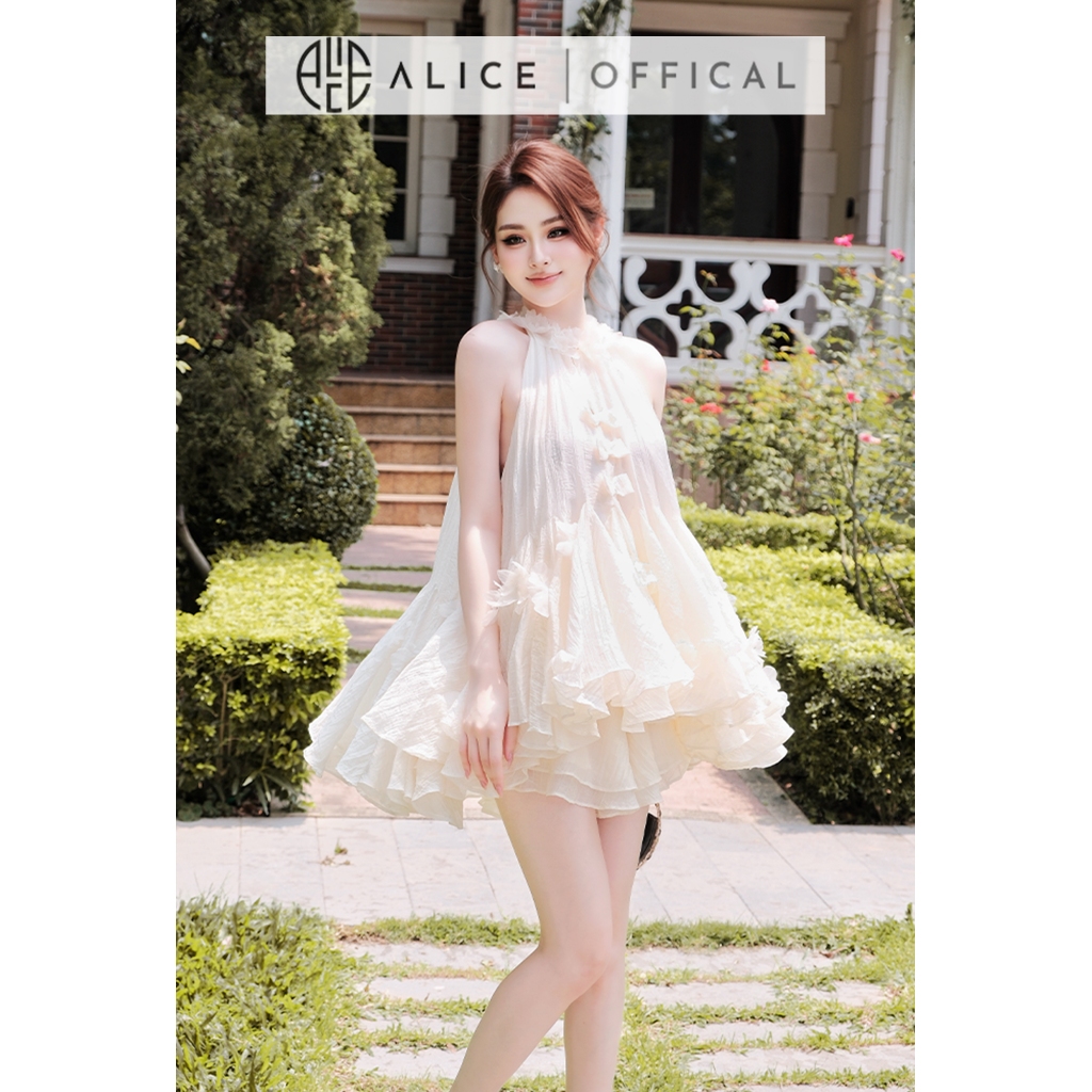 Váy Tiểu Thư Alice Chất Tơ Mềm, Áo Yếm Xếp Tầng Xòe Bồng Nữ Tính Phối Quần Đùi Tơ Dáng Ngắn S1090