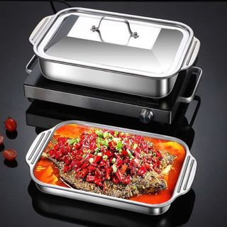 Khay inox đa năng có nắp đậy – dùng để bảo quản và chế biến thực phẩm như thịt nướng, cá hấp/nướng, nấu canh, làm bánh…