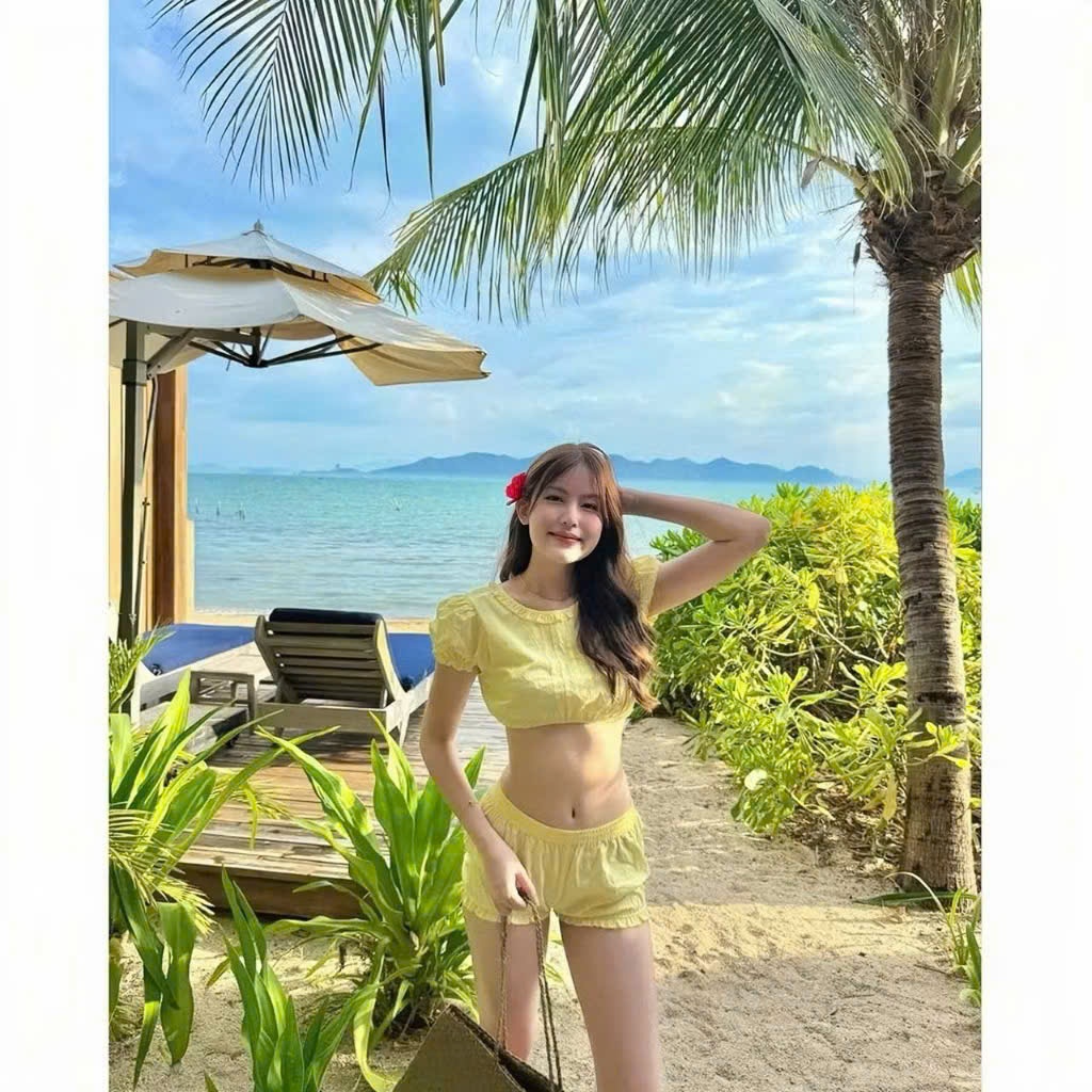 Set Bikini ,Đồ đi Biển 2 chi tiết áo crop tay bồng quần cộc chất LINEN cao cấp, LB64 Lanbishop