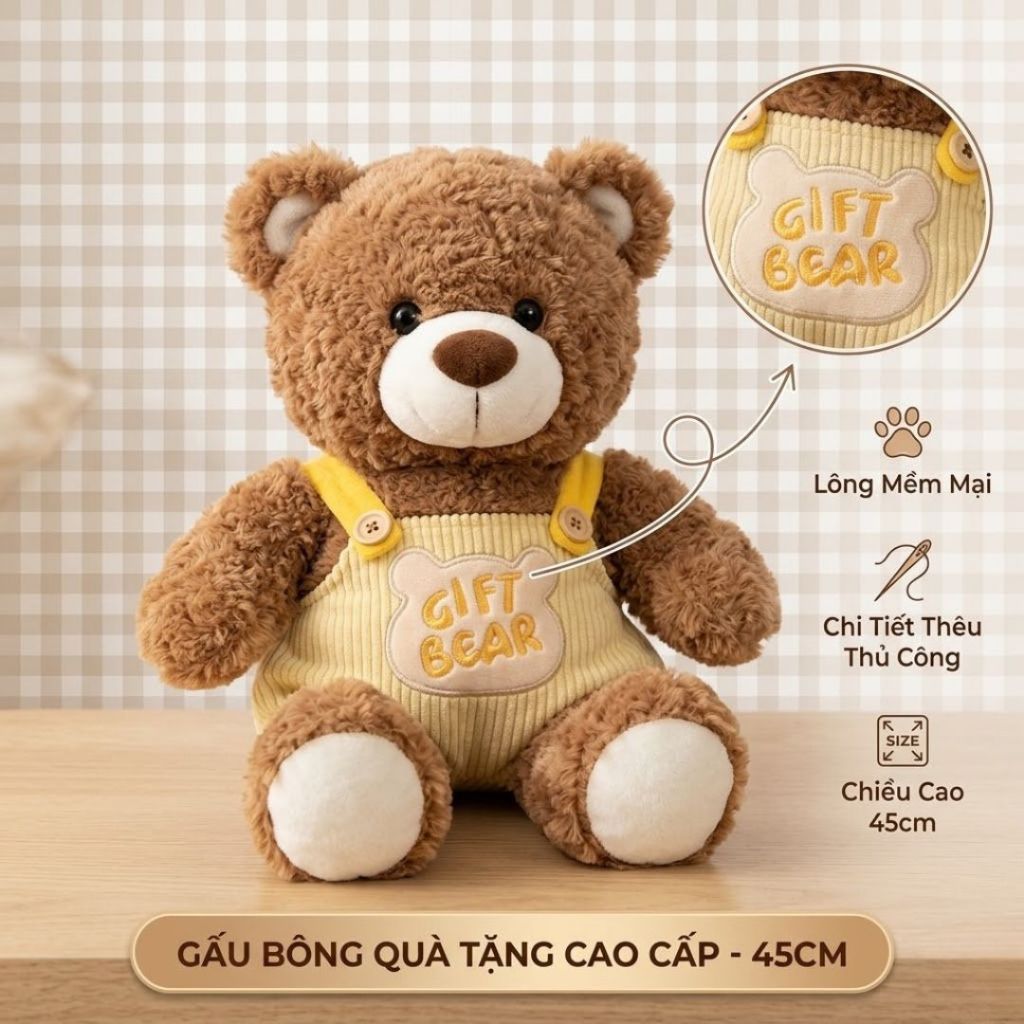 Gấu Bông Bear Lông Xù Mặc Yếm Vàng Dễ Thương, Thú Nhồi Bông Teddy Bear Cao Cấp Quà Tặng Cho Bé, Bạn Gái
