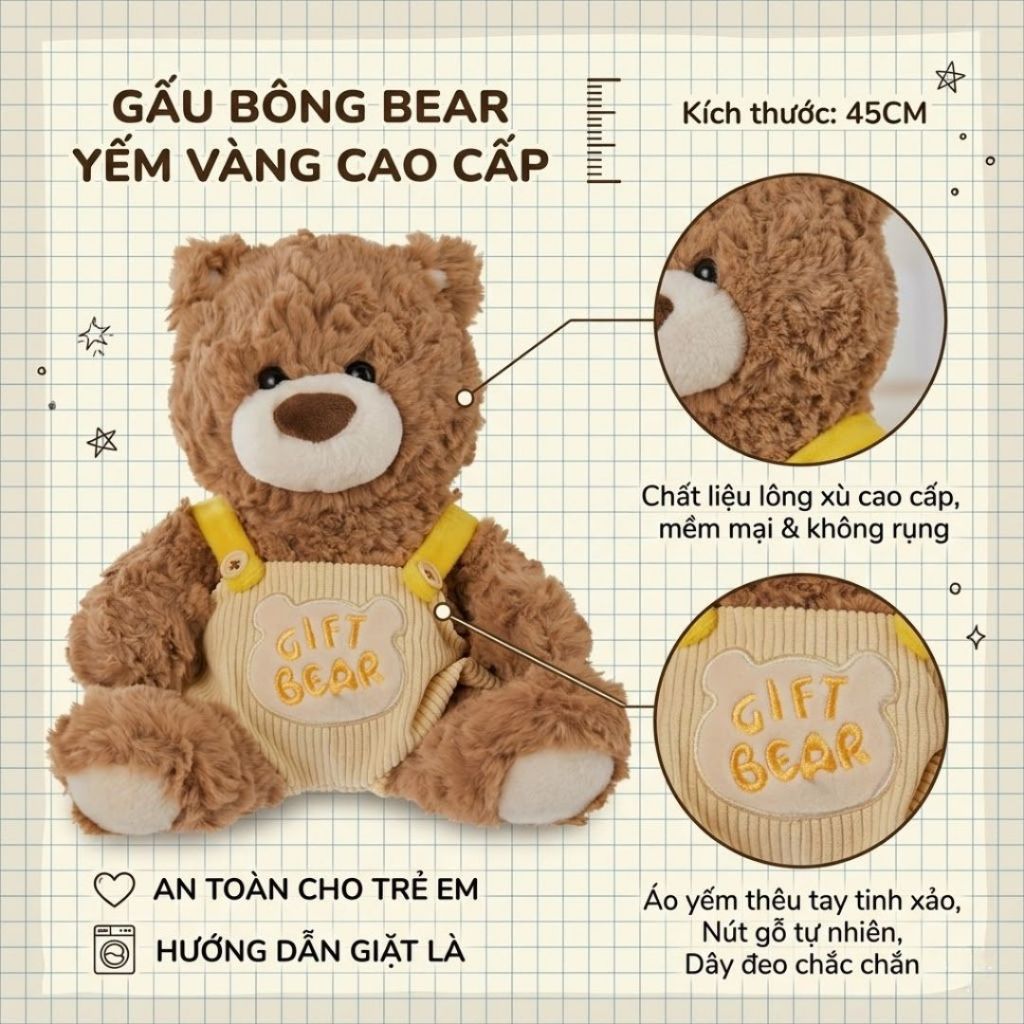 Gấu Bông Bear Lông Xù Mặc Yếm Vàng Dễ Thương, Thú Nhồi Bông Teddy Bear Cao Cấp Quà Tặng Cho Bé, Bạn Gái