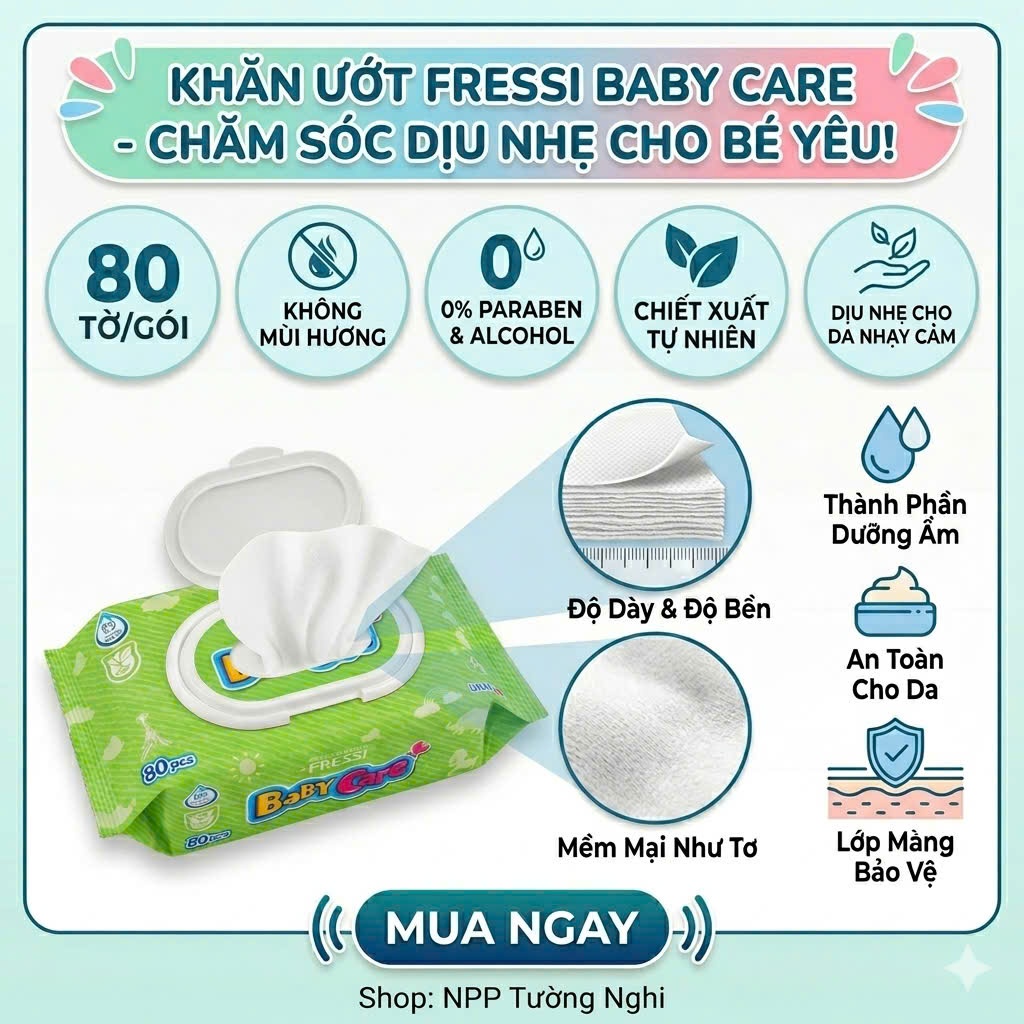 KHĂN ƯỚT EM BÉ FRESSI CARE BABY  - GÓI 80 MIẾNG - AN TOÀN CHO DA NHẠY CẢM