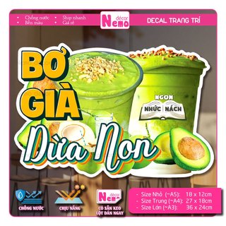 Decal Trang Trí Bơ Già Dừa Non, Tranh Dán Quán Nước, Quán Ăn, Dán Tường, Tủ, Kính, Xe Đẩy - Sticker Chịu Được Mưa Nắng.