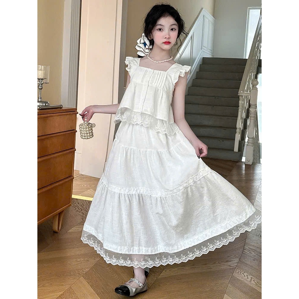 Set váy maxi bé gái màu trắng phong cách dịu dàng phối ren tầng bồng nhẹ nhàng cho bé gái