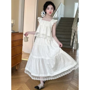 Set váy maxi bé gái màu trắng phong cách dịu dàng phối ren tầng bồng nhẹ nhàng cho bé gái