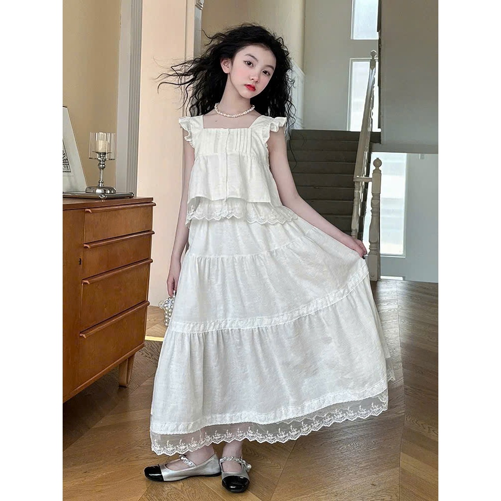 Set váy maxi bé gái màu trắng phong cách dịu dàng phối ren tầng bồng nhẹ nhàng cho bé gái