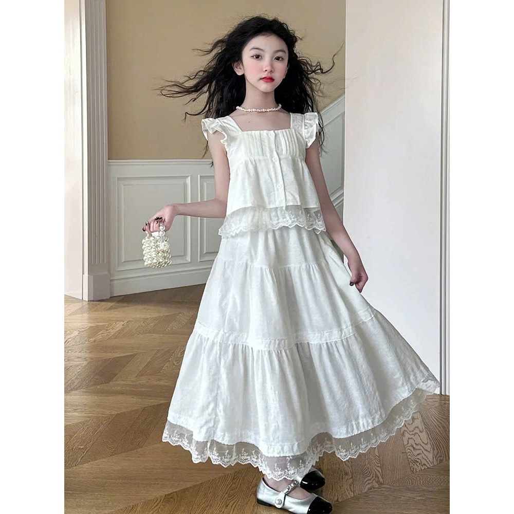 Set váy maxi bé gái màu trắng phong cách dịu dàng phối ren tầng bồng nhẹ nhàng cho bé gái
