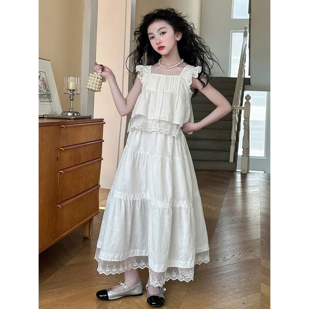 Set váy maxi bé gái màu trắng phong cách dịu dàng phối ren tầng bồng nhẹ nhàng cho bé gái