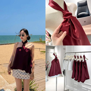 SEP House - Set áo yếm lụa cổ thắt nút hở lưng phối chân váy chấm bi trẻ trung trendy mùa he - Ảnh thậtu