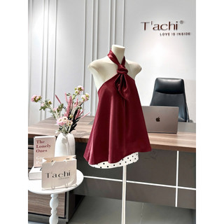 SEP House - Set áo yếm lụa cổ thắt nút hở lưng phối chân váy chấm bi trẻ trung trendy mùa he - Ảnh thậtu
