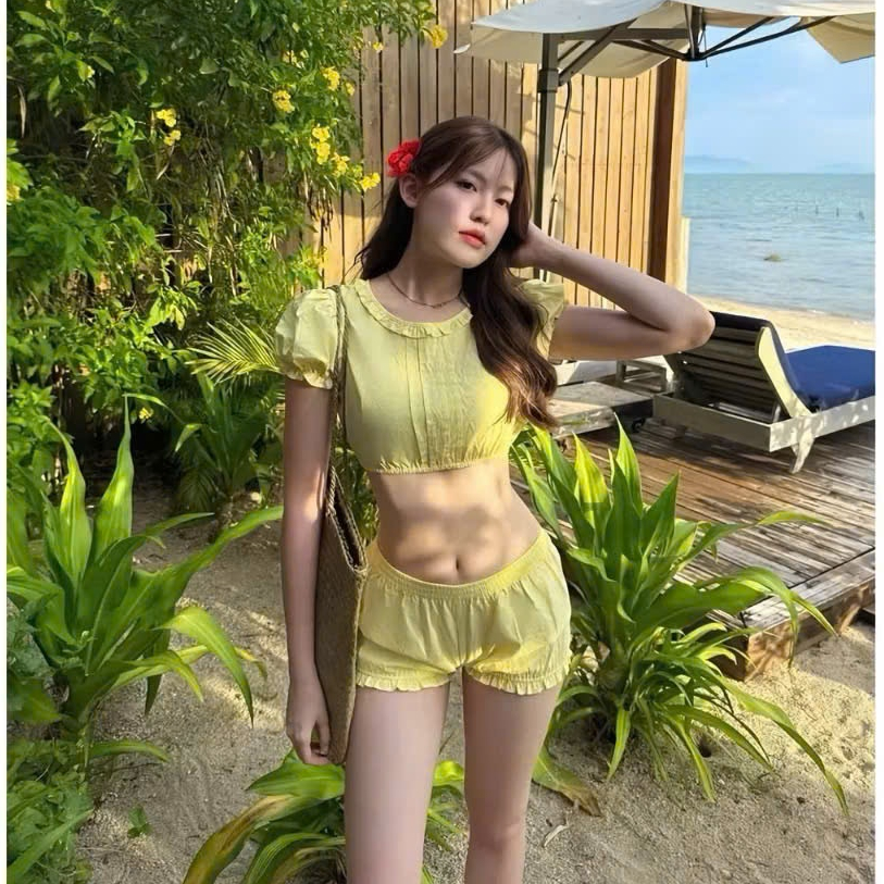 Set Bikini ,Đồ đi Biển 2 chi tiết áo crop tay bồng quần cộc chất LINEN cao cấp, LB64 Lanbishop
