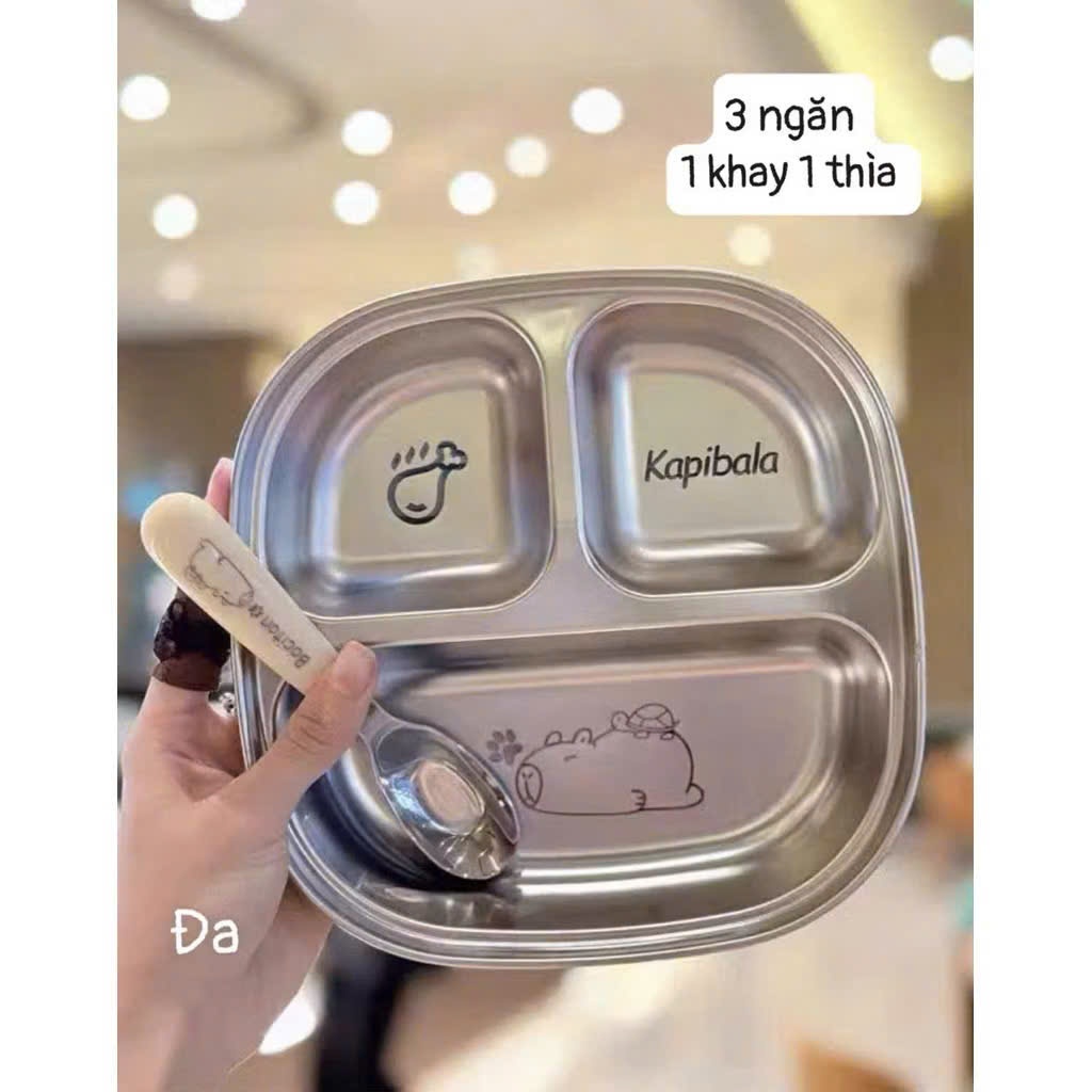 [Tăng Kèm thìa] Khay Inox 304 Cho Trẻ Em Bằng Thép Không Gỉ Đĩa Ăn Hoạt Hình 3 Ngăn Tiện Lợi