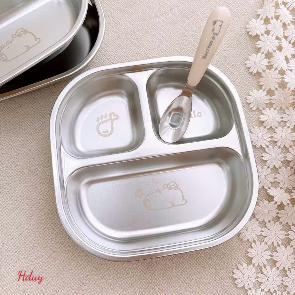 [Tăng Kèm thìa] Khay Inox 304 Cho Trẻ Em Bằng Thép Không Gỉ Đĩa Ăn Hoạt Hình 3 Ngăn Tiện Lợi