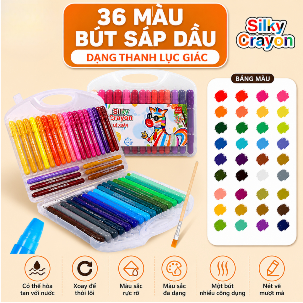 Bút sáp lụa 48 màu Silky Crayon xoay không bẩn tay, dễ rửa, an toàn cho bé, dạng lục giác