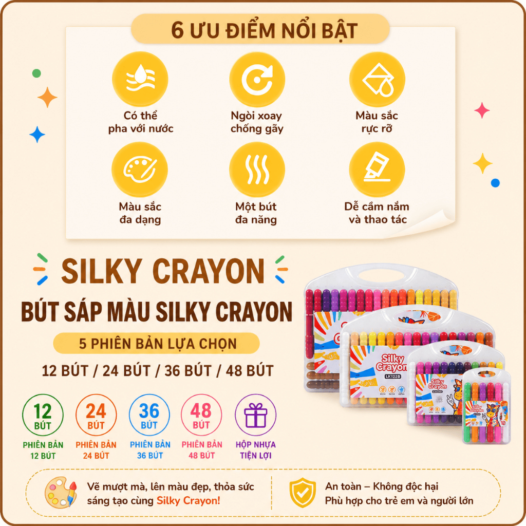 Bút sáp lụa 48 màu Silky Crayon xoay không bẩn tay, dễ rửa, an toàn cho bé, dạng lục giác
