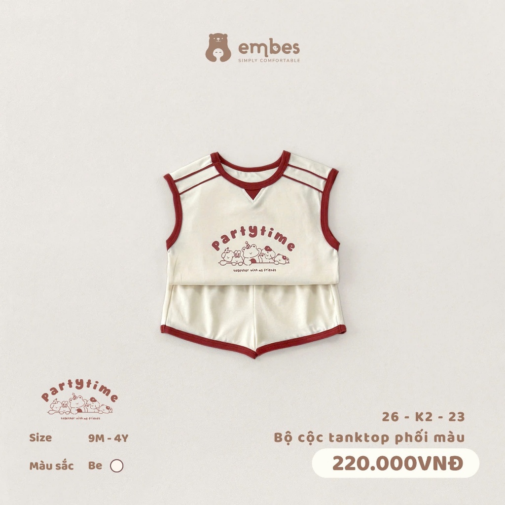 Bộ Cộc Cho Bé Embes, Bộ Tank Top In Hình Phối Màu Chất Cotton Mềm Mát Cho Bé Trai Size Từ 8-17Kg