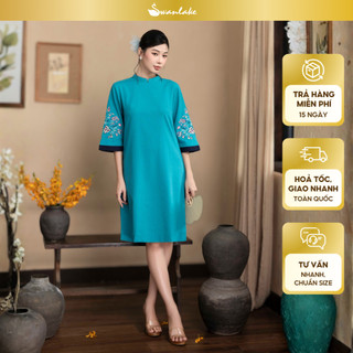 SWANLAKE | Váy Đầm Phom A Cổ Trụ Tay Lỡ Vải Linen Thêu Hai Cánh Tay Đi Tết Đi Chơi - D12158