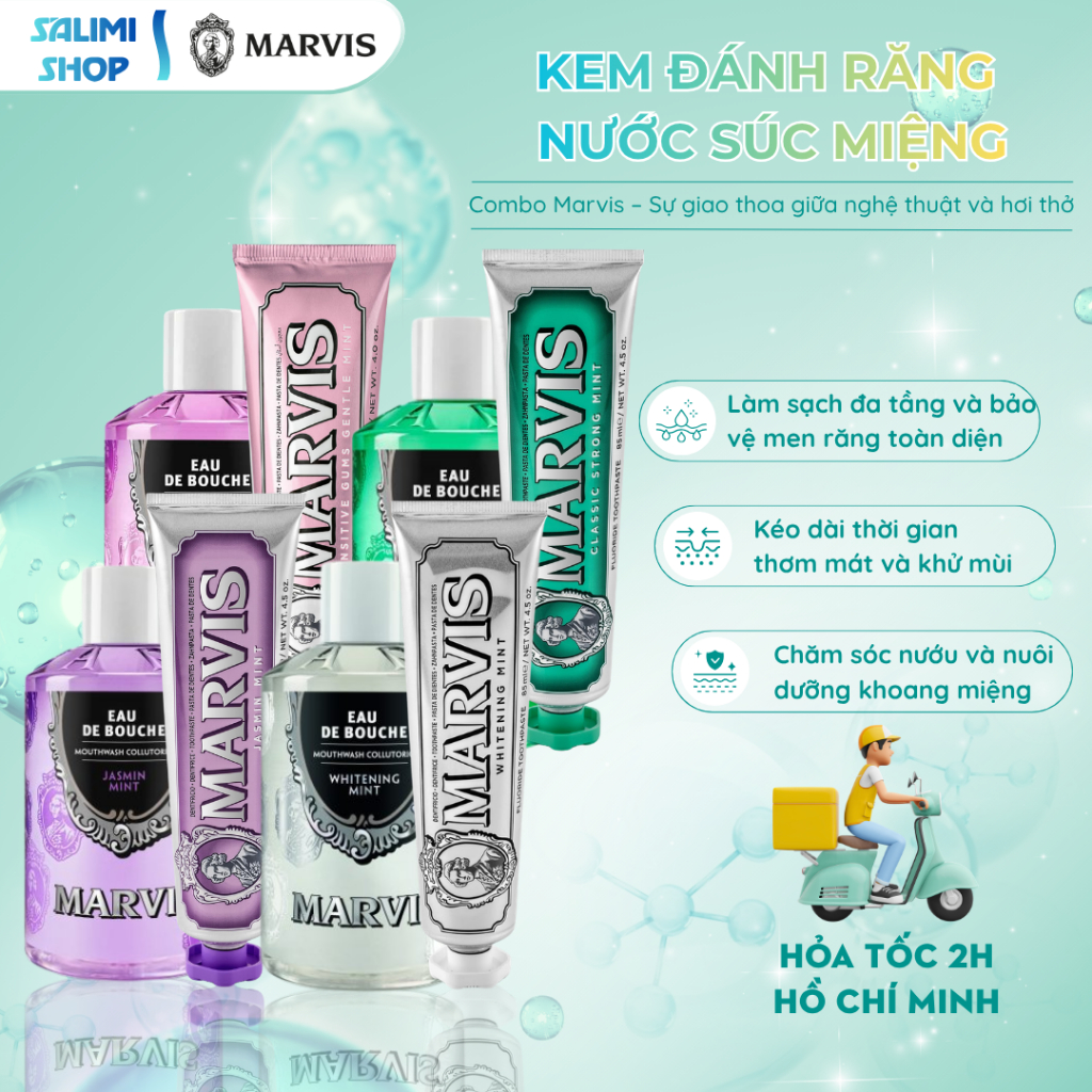 Combo Chăm Sóc Răng Marvis - Kem Đánh Răng & Nước Súc Miệng 400 ml – Bảo Vệ Men Răng, Ngừa Hôi Miệng | Chính Hãng