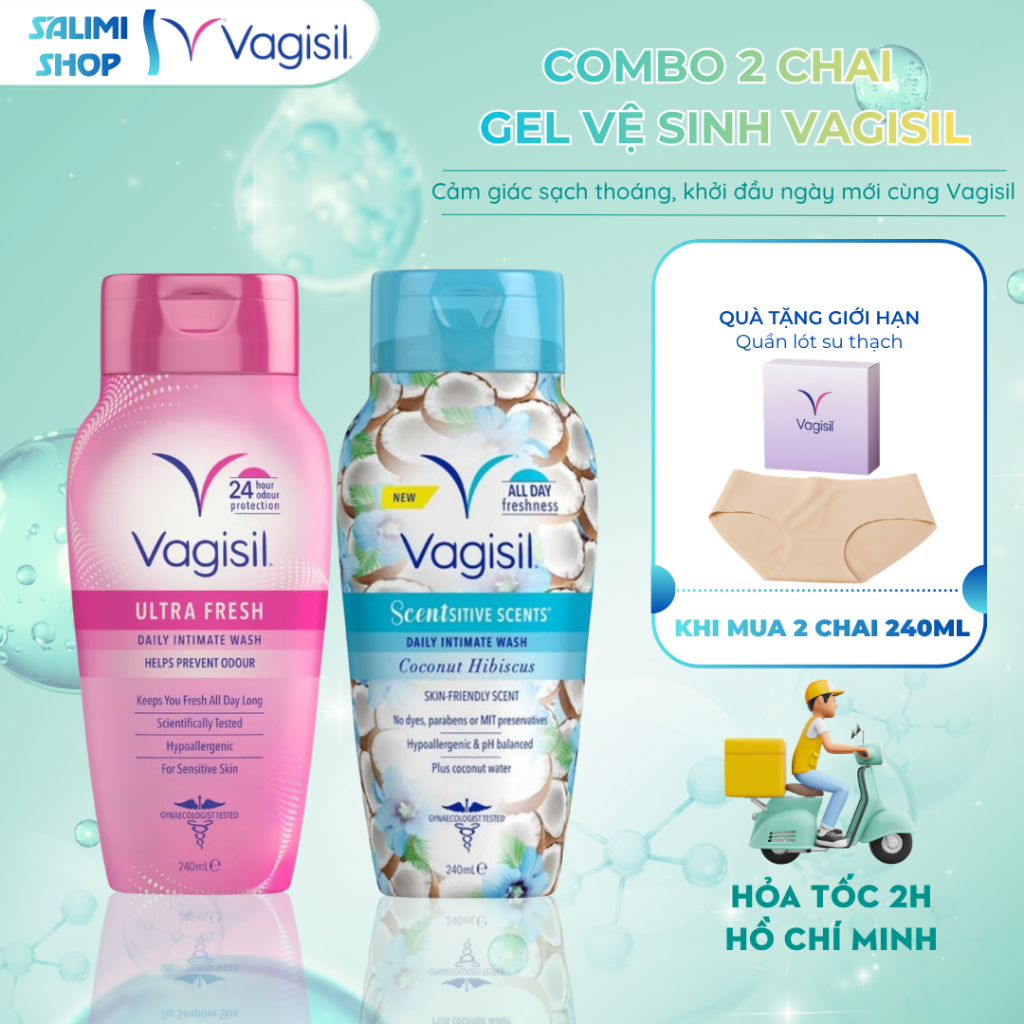 (Hỏa tốc HCM) Combo 2 Chai Gel Vệ Sinh Phụ Nữ Vagisil 240ml, Dung Dịch Vệ Sinh Ngăn Mùi 24H (tặng quần lót)