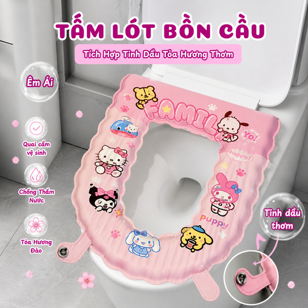 Tấm Lót Bồn Cầu Sanrio Silicon EVA – Đệm Ngồi Êm Ái Chống Thấm, Khử Mùi Tinh Dầu, Họa Tiết Hello Kitty Dễ Thương