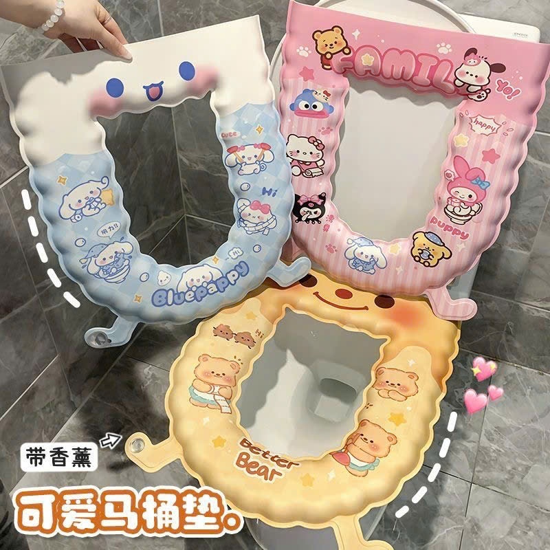 Tấm Lót Bồn Cầu Sanrio Silicon EVA – Đệm Ngồi Êm Ái Chống Thấm, Khử Mùi Tinh Dầu, Họa Tiết Hello Kitty Dễ Thương