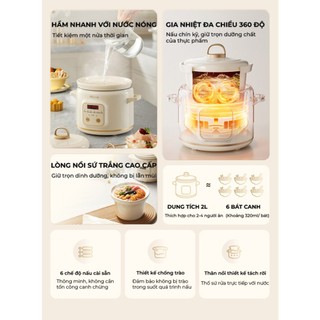 Nồi Nấu Chậm Bear SC-4H20Q, Dung Tích 2L, Công Suất 175W, 6 Chế Độ Nấu, Hẹn Giờ, Giữ Ấm, BH 18 Tháng