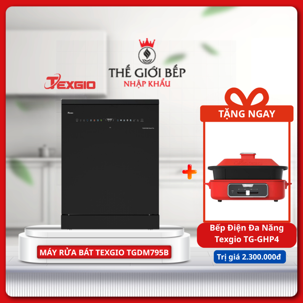 [TẶNG NỒI] Máy Rửa Bát Texgio TGDM795B Smart Pro 16 Bộ – Sấy Khí Nóng PTC,10 Chương Trình