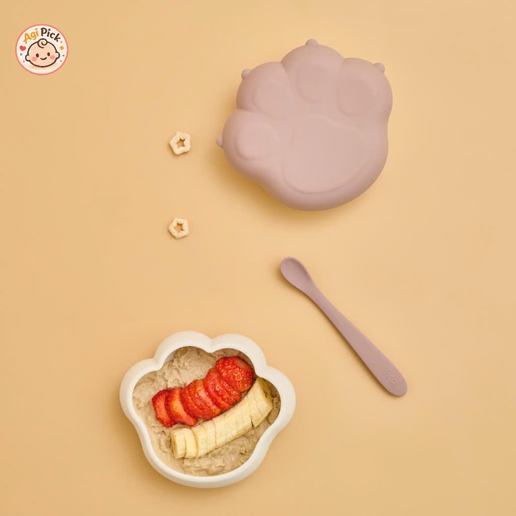 Bát Ăn Dặm Platinum Silicone Firgi Hàn Quốc Hình Mèo Có Đế Hít Cho Bé Tập Ăn Dặm Kèm Nắp Đậy 450ml