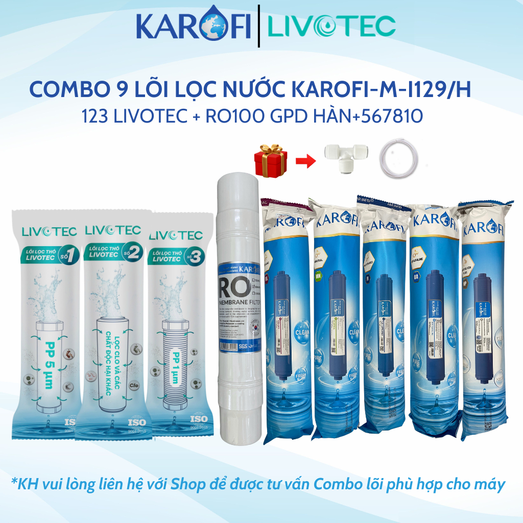 Bộ 9 lõi lọc nước Karofi chính hãng gồm lõi 123 Livotec, màng RO Hàn 100 GDP dùng cho máy lọc nước Karofi M-I129/H