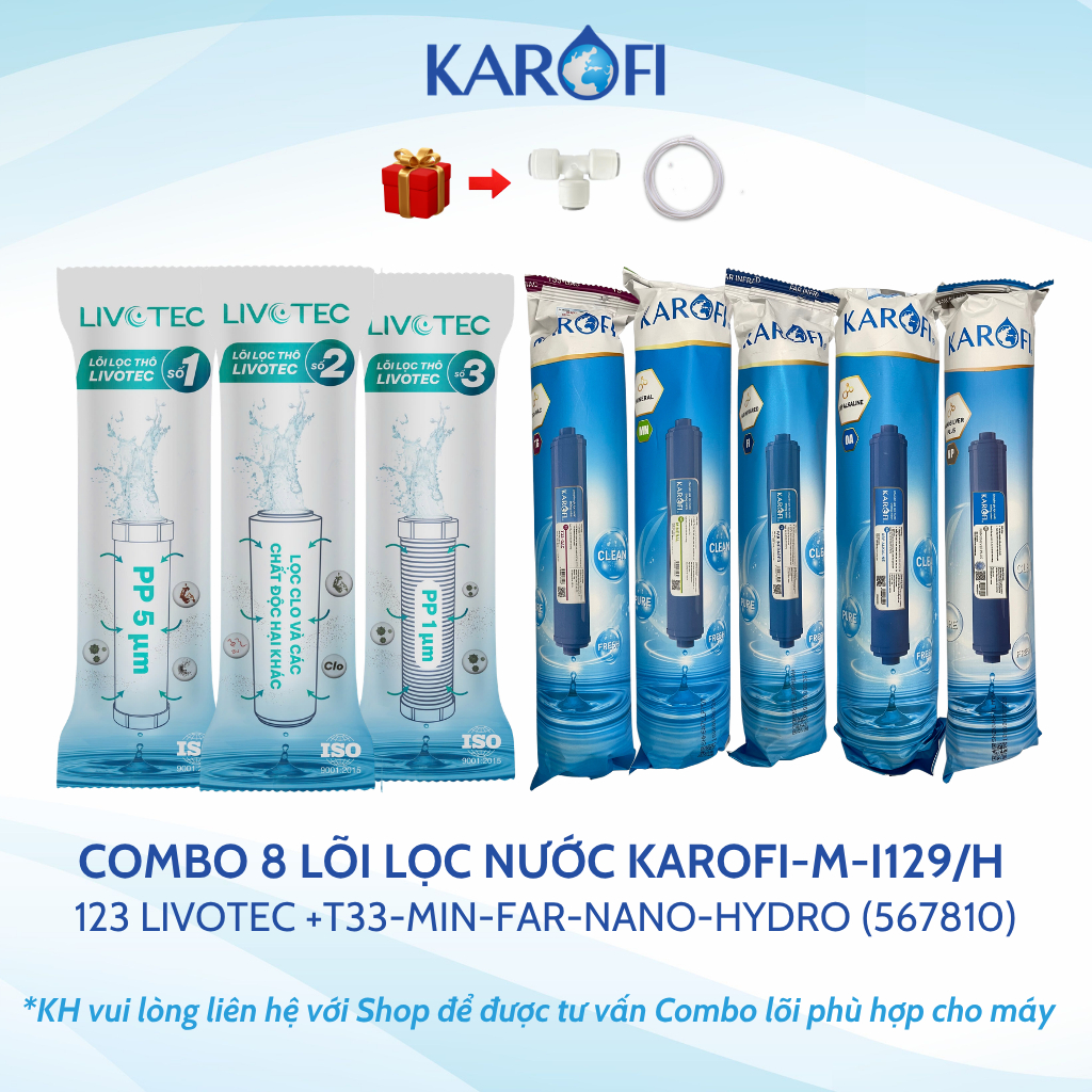 Bộ 9 lõi lọc nước Karofi chính hãng gồm lõi 123 Livotec, màng RO Hàn 100 GDP dùng cho máy lọc nước Karofi M-I129/H