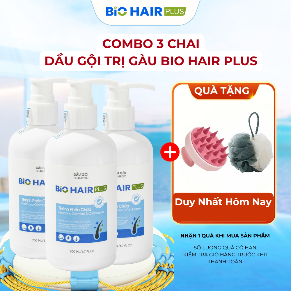 Dầu gội BIO HAIR PLUS dầu gội thảo dược cho tóc bị gàu, nấm và ngứa da đầu.Combo 3 chai giảm gàu