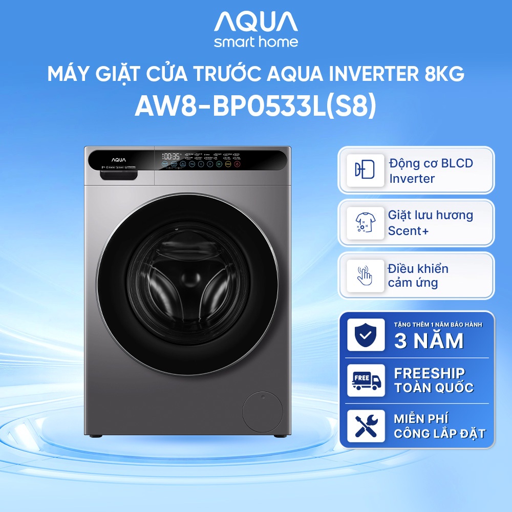 [SALE SỐC] Máy giặt cửa trước Aqua Inverter 8KG AW8-BP0533L(S8) - 1 chạm giặt ngay - Freeship toàn quốc - Hỗ trợ lắp đặt