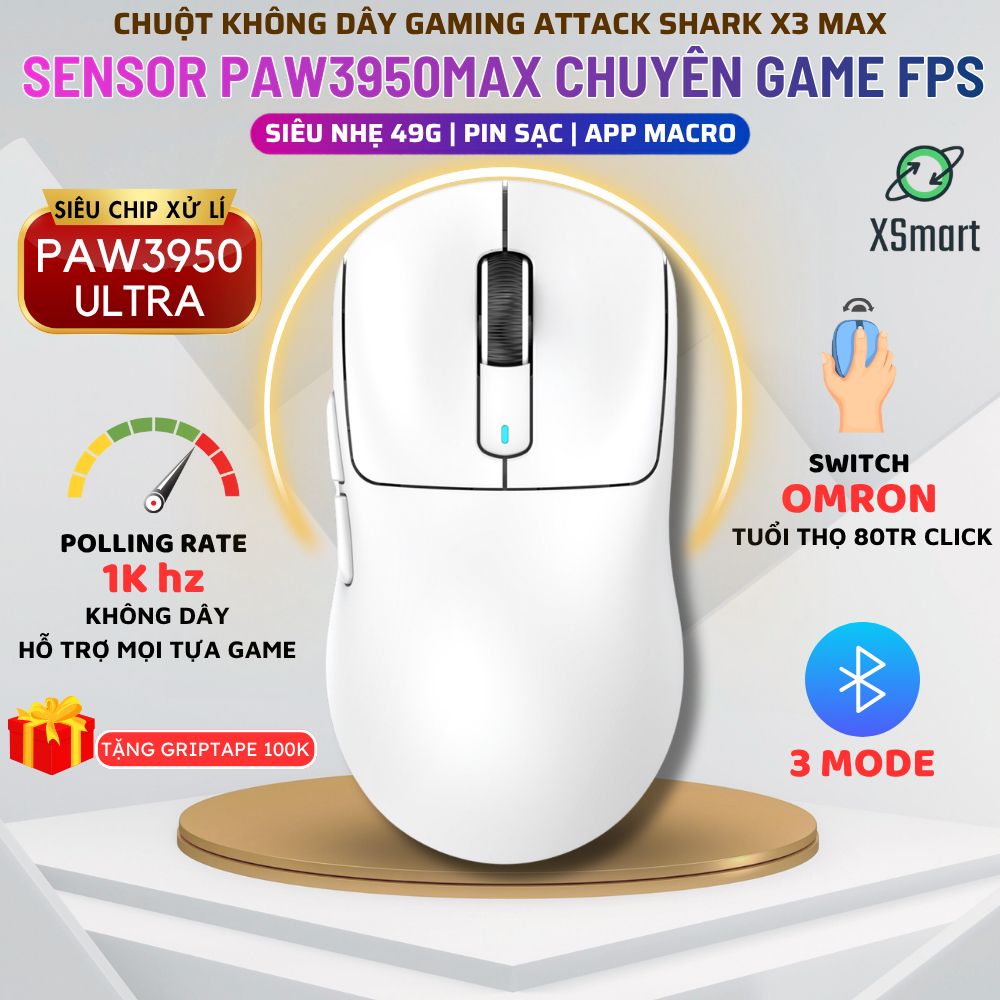 Chuột Không Dây Chuyên Game Attack Shark X3Max Siêu Nhẹ 49G Chip