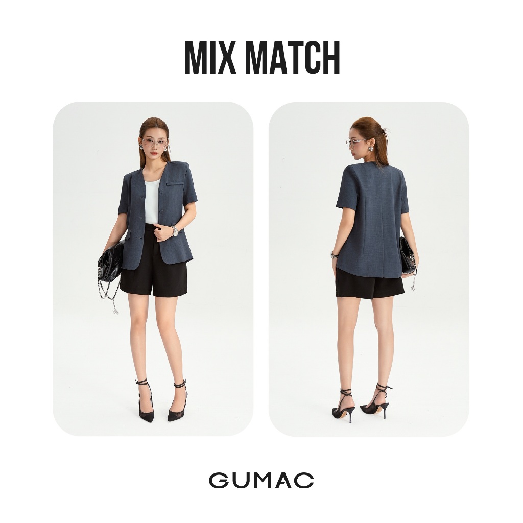 Áo Khoác Blazer Nữ GUMAC Không Cổ Tay Ngắn Có Đệm Vai Chất Xược Ý 2 Lớp Đứng Form LOWG0104