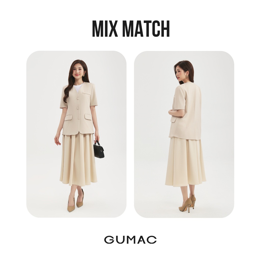 Áo Khoác Blazer Nữ GUMAC Không Cổ Tay Ngắn Có Đệm Vai Chất Xược Ý 2 Lớp Đứng Form LOWG0104