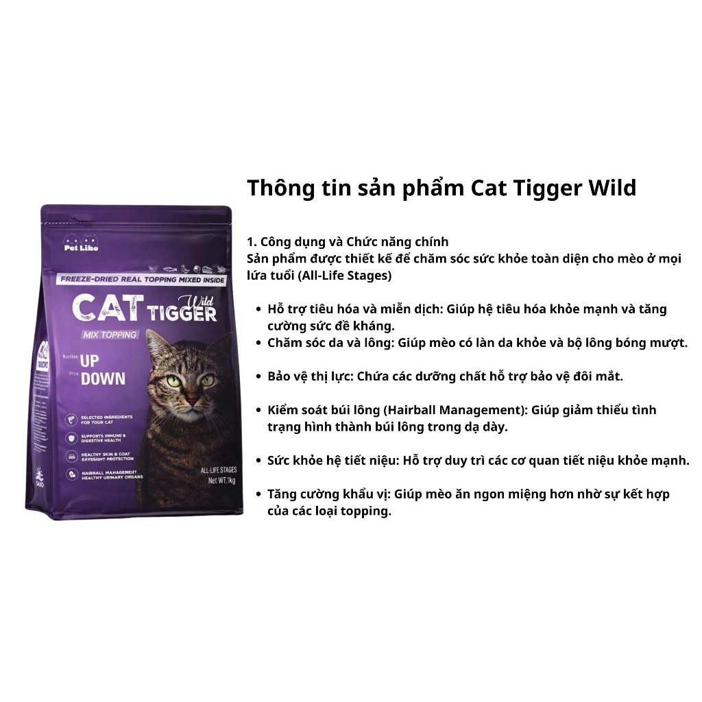 Hạt Mèo Cat Tigger Wild Mix Topping Sấy Thăng Hoa Freeze-Dried – Thức Ăn Mèo Mọi Lứa Tuổi, Tăng Đề Kháng, Lông Mượt 1KG