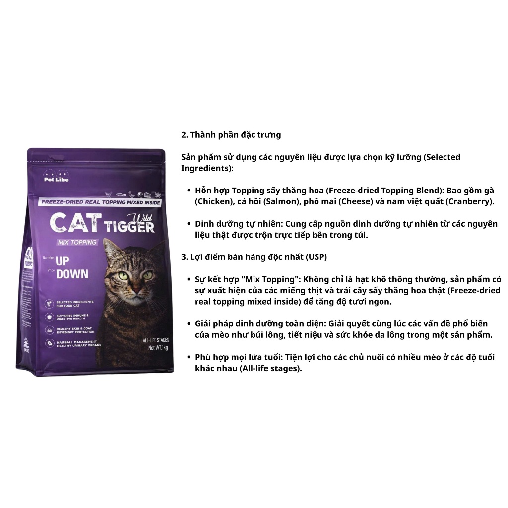 Hạt Mèo Cat Tigger Wild Mix Topping Sấy Thăng Hoa Freeze-Dried – Thức Ăn Mèo Mọi Lứa Tuổi, Tăng Đề Kháng, Lông Mượt 1KG