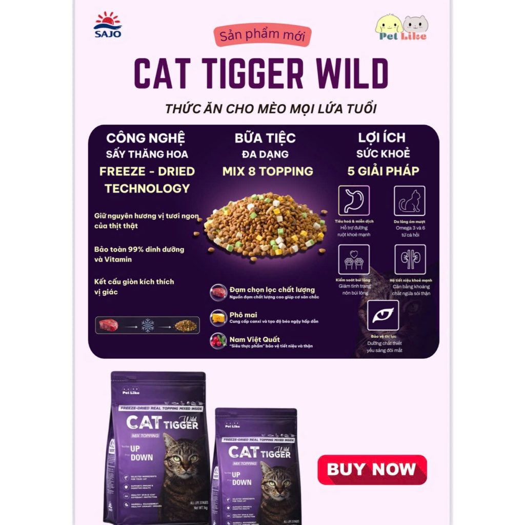 Hạt Mèo Cat Tigger Wild Mix Topping Sấy Thăng Hoa Freeze-Dried – Thức Ăn Mèo Mọi Lứa Tuổi, Tăng Đề Kháng, Lông Mượt 1KG
