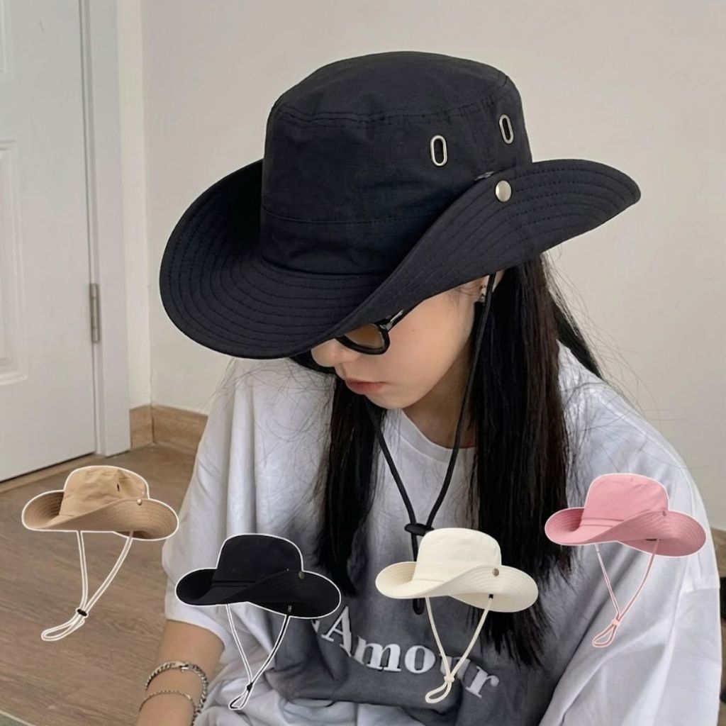 Mũ cao bồi Nam Nữ Trơn Basic, nón tai bèo vành rộng đi biển chống nắng có dây rút tiện lợi, vải KAKI cao cấp thoáng mát