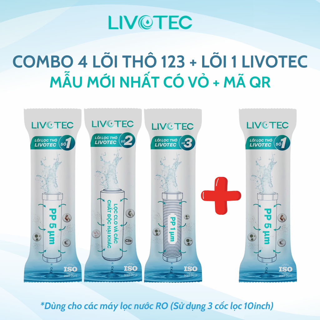Combo lõi lọc nước Livotec Bộ 123 (123+1) hoặc (123+11) gồm bộ 123 và thêm lõi số 1 có thể thay thế trong 1 năm