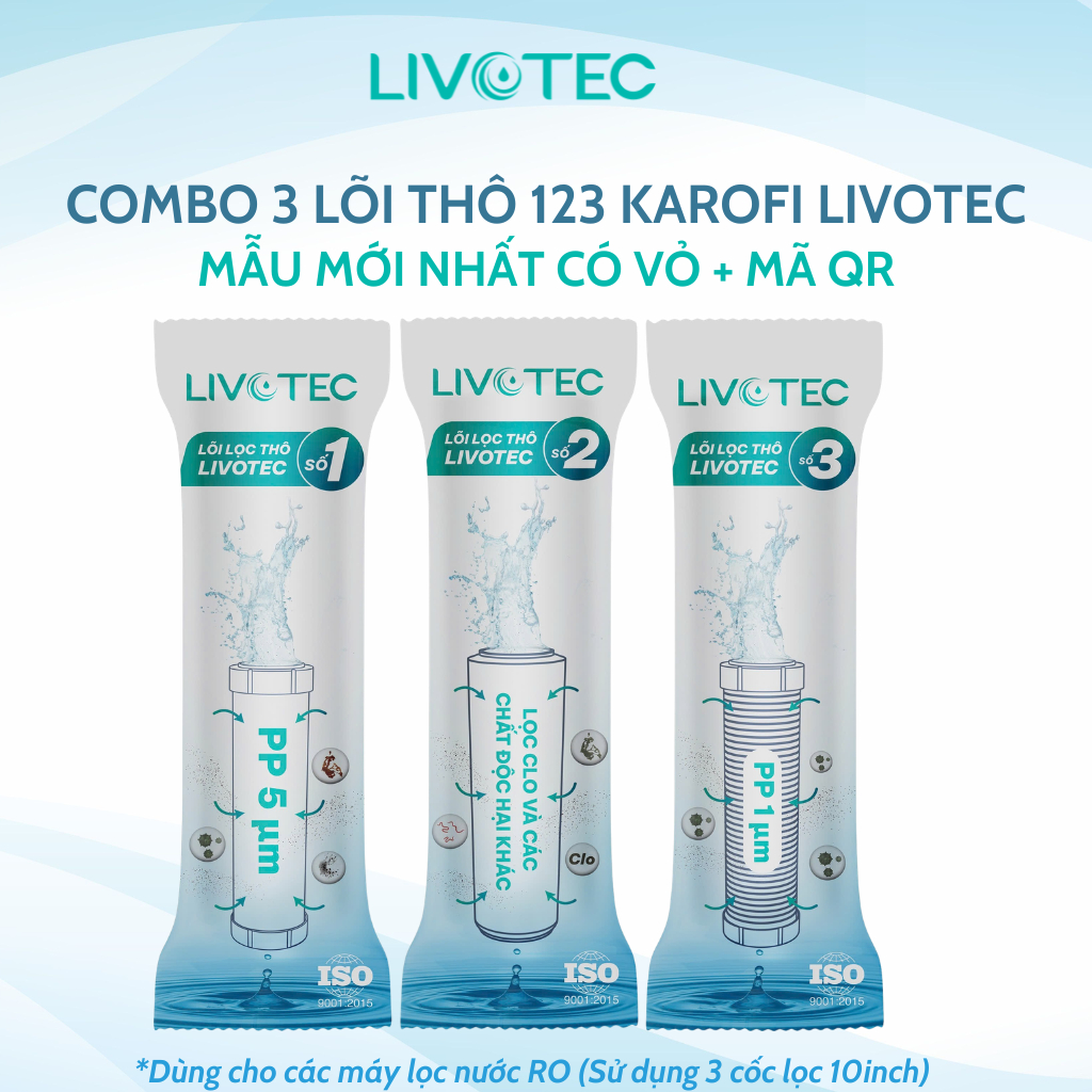 Combo lõi lọc nước Livotec Bộ 123 (123+1) hoặc (123+11) gồm bộ 123 và thêm lõi số 1 có thể thay thế trong 1 năm