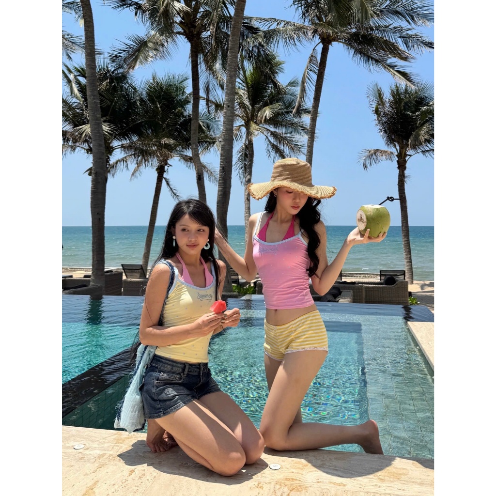 Calem.Club - Áo 2 dây nữ Bling Top chữ summer đính đá, in ngôi sao, có dây buộc cổ, form ôm co giãn, style Y2K Hàn Quốc
