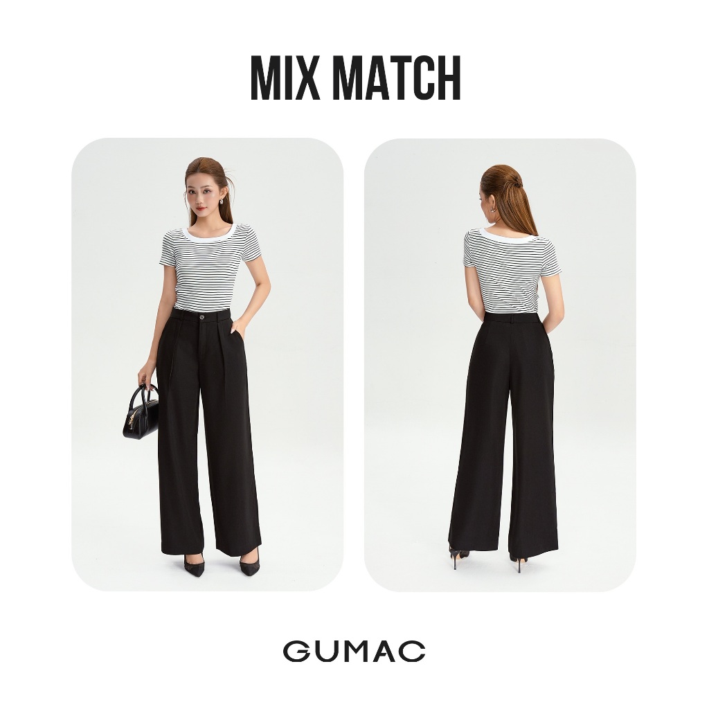 Áo Thun Nữ GUMAC Form Ôm Nhẹ Kẻ Sọc Cổ Vuông Chất Thun Gân Co Giãn Thoải Mái LATG0407