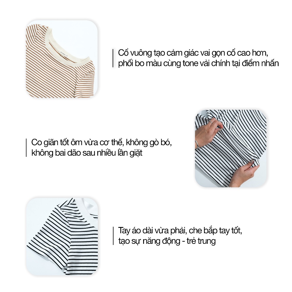 Áo Thun Nữ GUMAC Form Ôm Nhẹ Kẻ Sọc Cổ Vuông Chất Thun Gân Co Giãn Thoải Mái LATG0407