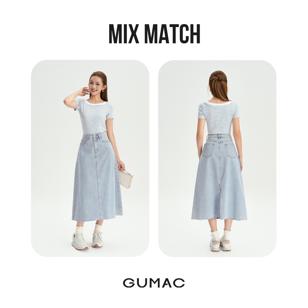 Áo Thun Nữ GUMAC Form Ôm Nhẹ Kẻ Sọc Cổ Vuông Chất Thun Gân Co Giãn Thoải Mái LATG0407