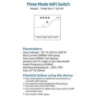 Module công tắc rơle điều khiển từ xa Tuya Wifi 433, 4 kênh, 3 chế độ, Micro USB 5V/DC 7-32V